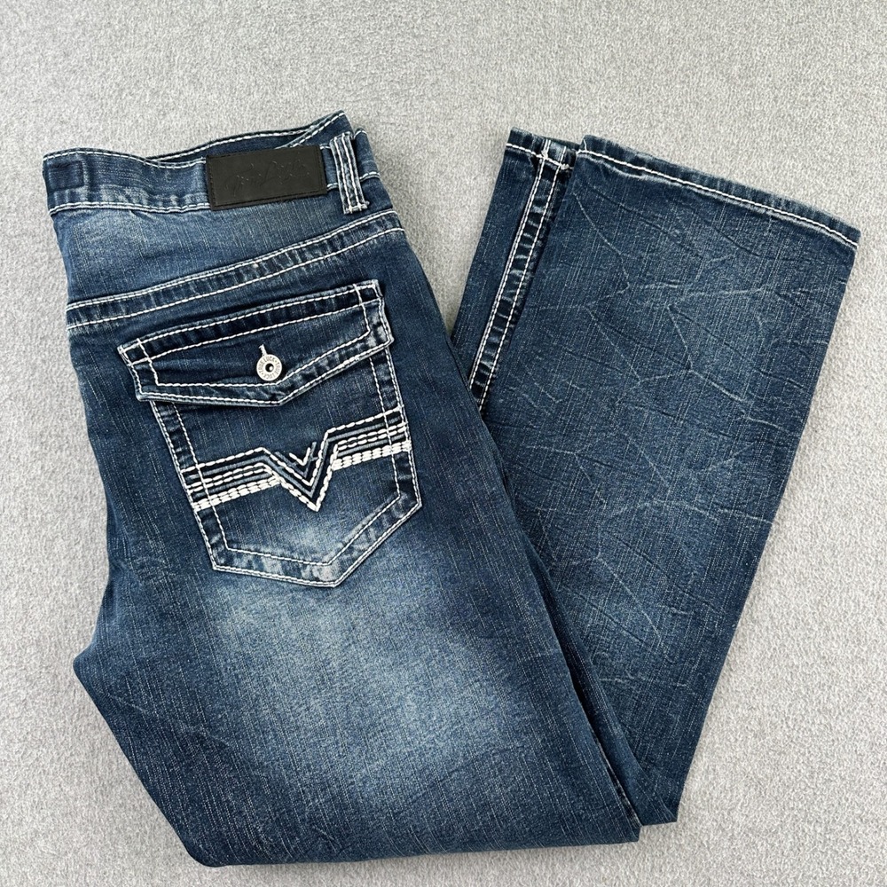 True Luck Jeans Mens 34x30 Blue Denim Straight Leg Contrast Stitching Faded
